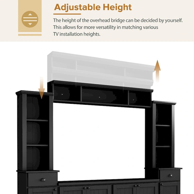 Entertainment Unit with Bridge, TV Stand with Adjustable Shelves for TVs Up to 75, Two Media Consoles