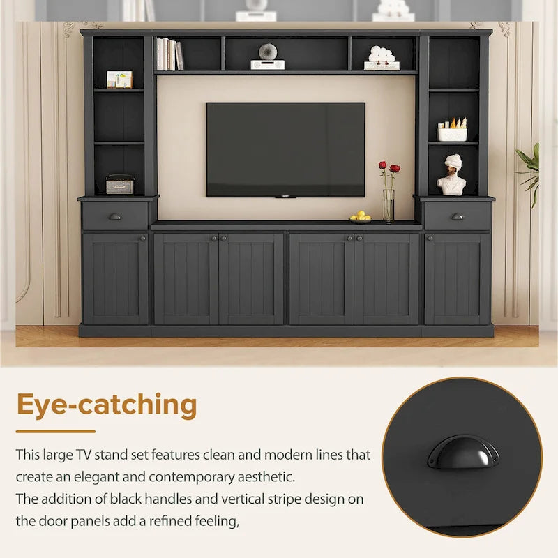 Entertainment Unit with Bridge, TV Stand with Adjustable Shelves for TVs Up to 75, Two Media Consoles