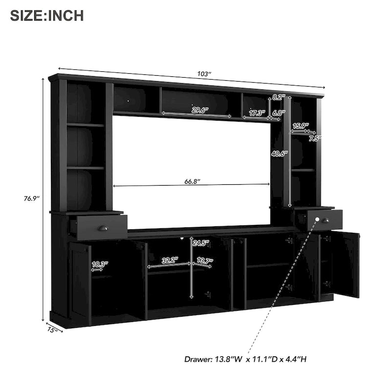 Entertainment Unit with Bridge, TV Stand with Adjustable Shelves for TVs Up to 75, Two Media Consoles