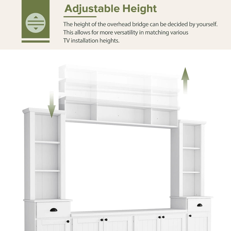 Entertainment Unit with Bridge, TV Stand with Adjustable Shelves for TVs Up to 75, Two Media Consoles