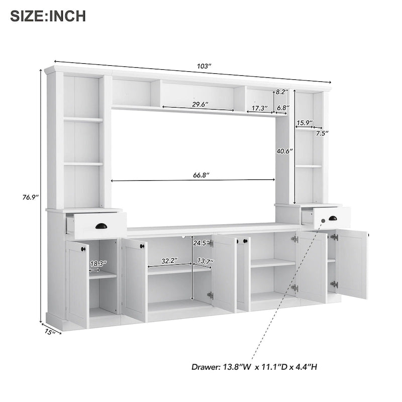 Entertainment Unit with Bridge, TV Stand with Adjustable Shelves for TVs Up to 75, Two Media Consoles