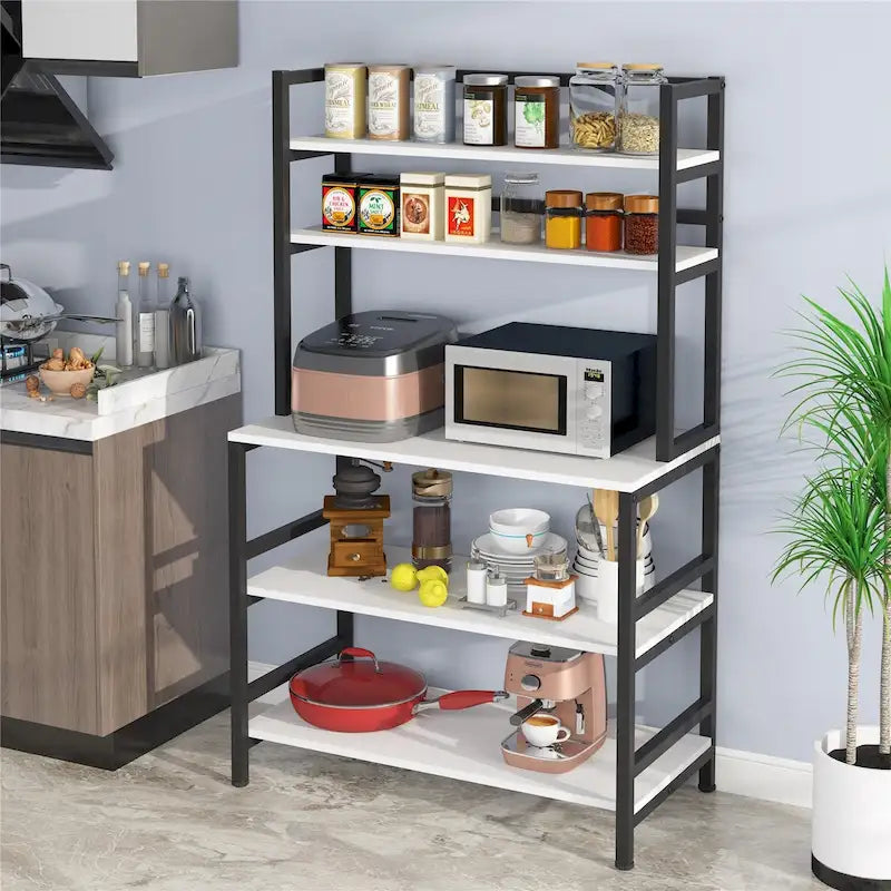 Estantería industrial de 5 niveles para cocina en marrón/negro, soporte para microondas con alacena, estante utilitario moderno blanco para cocina
