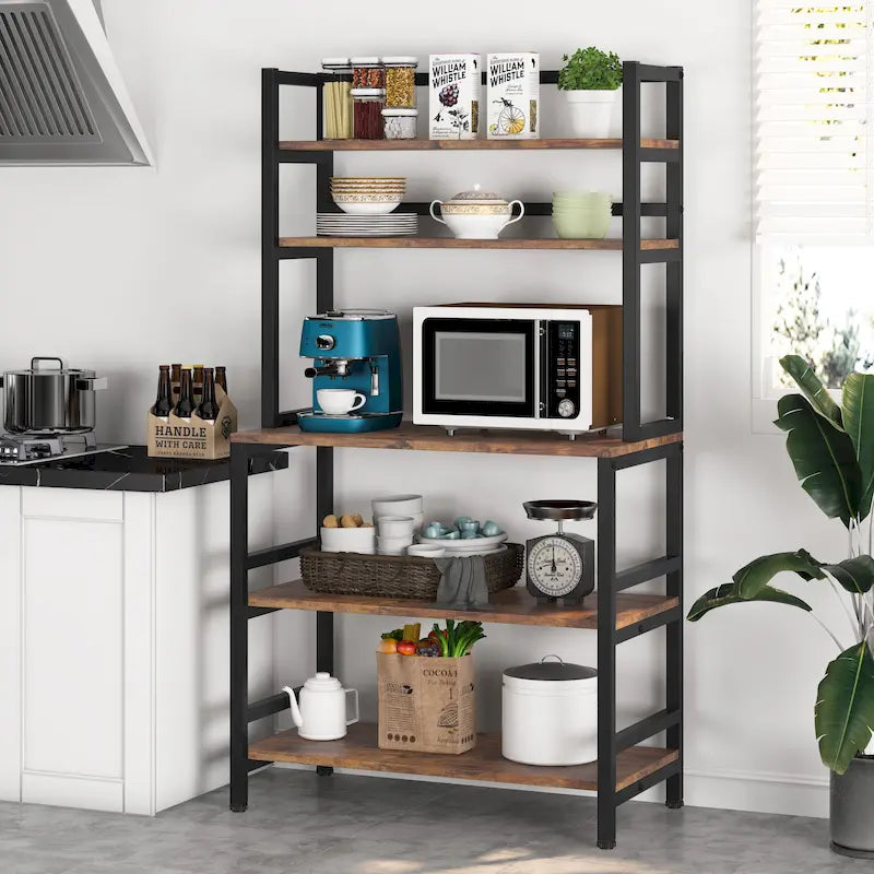 Estantería industrial de 5 niveles para cocina en marrón/negro, soporte para microondas con alacena, estante utilitario moderno blanco para cocina