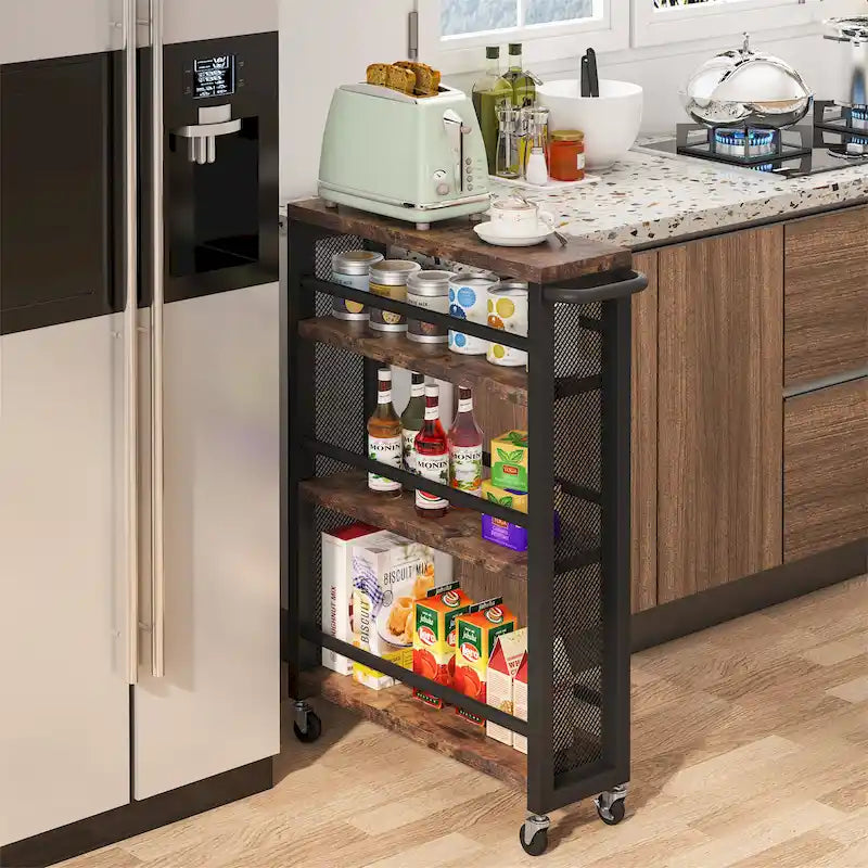 Desserte de rangement de cuisine étroite marron à roulettes, chariot de service utilitaire mince à 4 niveaux avec poignée pour petit espace