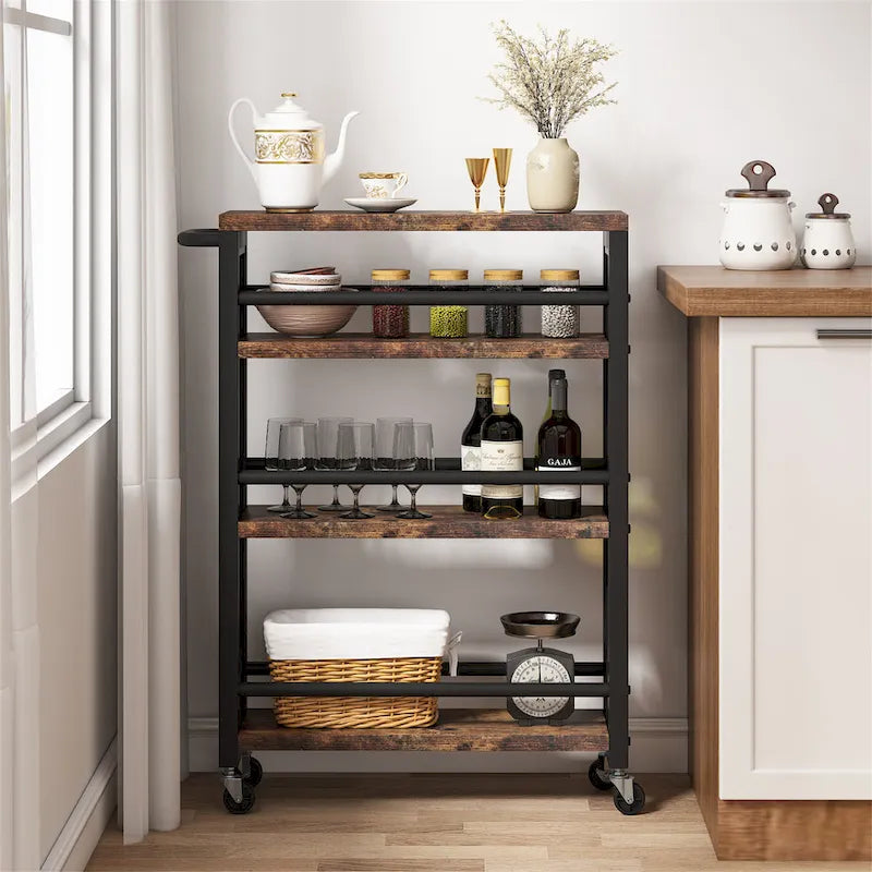 Desserte de rangement de cuisine étroite marron à roulettes, chariot de service utilitaire mince à 4 niveaux avec poignée pour petit espace