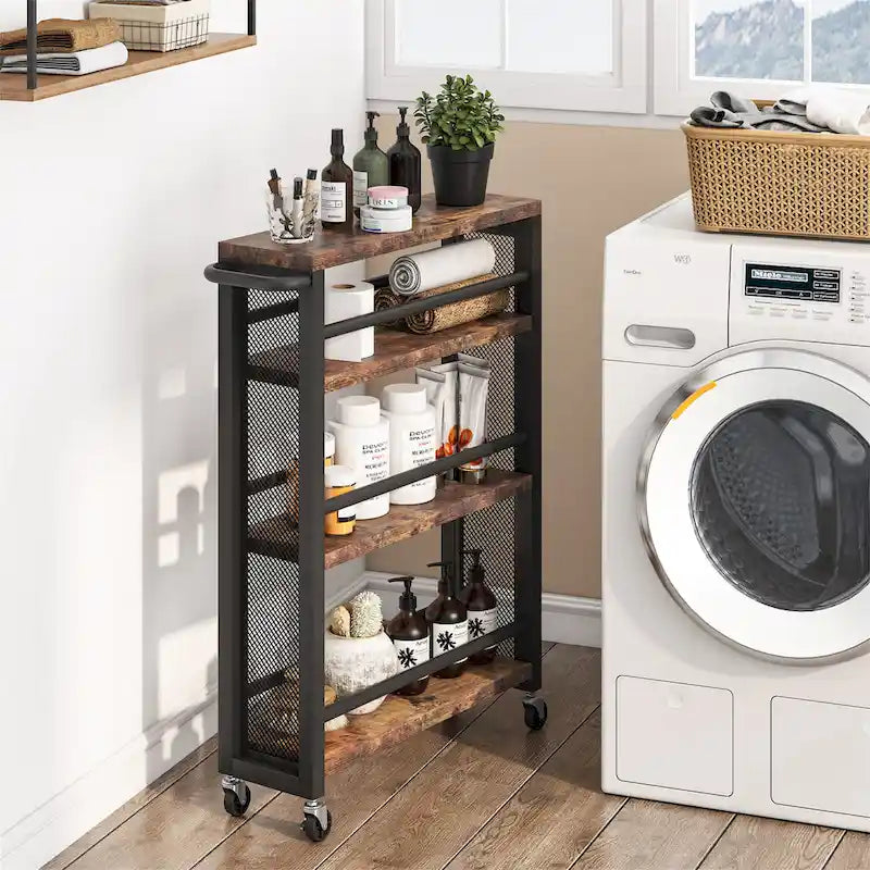 Desserte de rangement de cuisine étroite marron à roulettes, chariot de service utilitaire mince à 4 niveaux avec poignée pour petit espace
