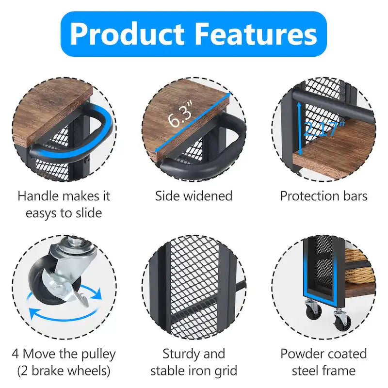Desserte de rangement de cuisine étroite marron à roulettes, chariot de service utilitaire mince à 4 niveaux avec poignée pour petit espace
