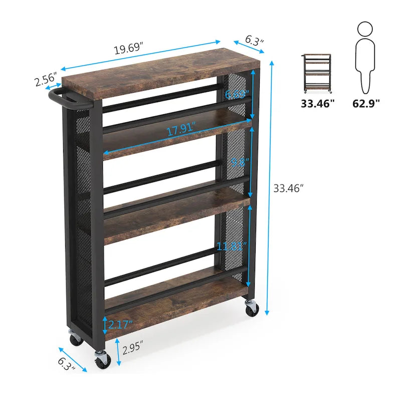 Desserte de rangement de cuisine étroite marron à roulettes, chariot de service utilitaire mince à 4 niveaux avec poignée pour petit espace