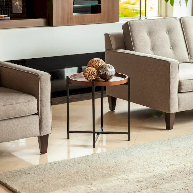 Table d’appoint ronde moderne du milieu du siècle avec plateau amovible en bois