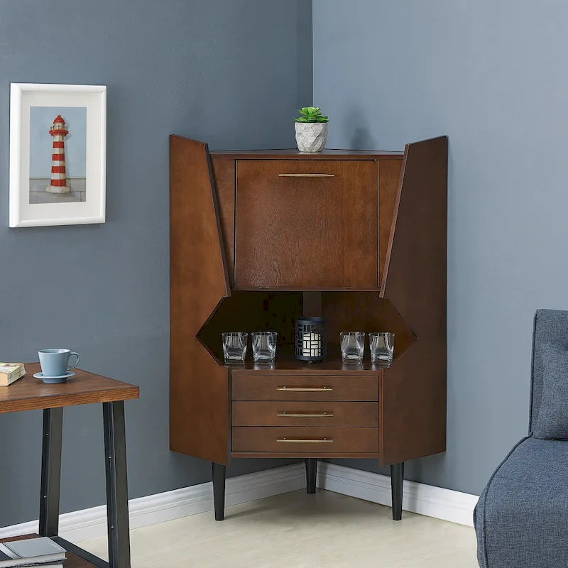 SEI Furniture Haramsoya Dark Tobacco Geometric Corner Bar Cabinet