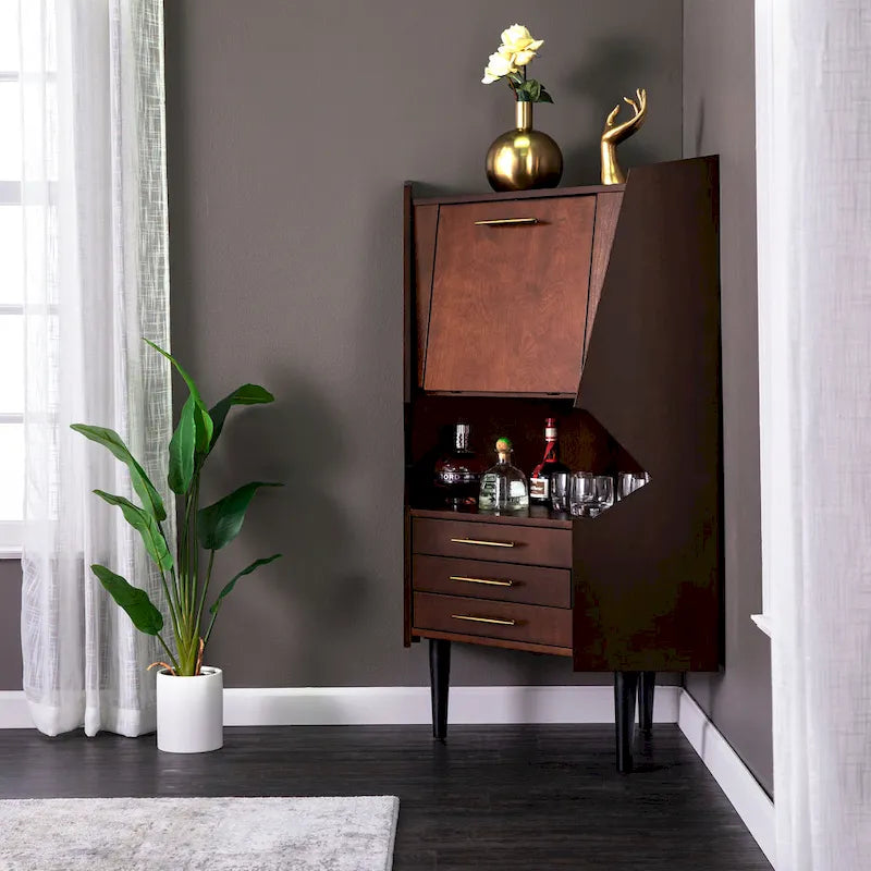 SEI Furniture Haramsoya Dark Tobacco Geometric Corner Bar Cabinet
