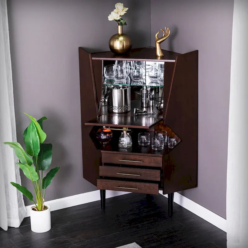 SEI Furniture Haramsoya Dark Tobacco Geometric Corner Bar Cabinet