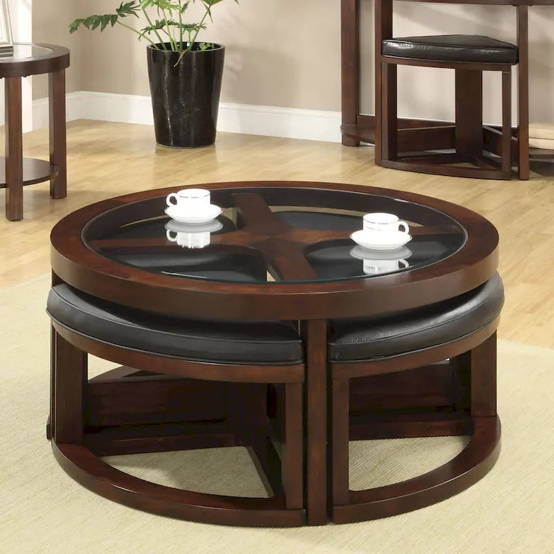 Kame overgangsstijl-salontafel van walnoot, 40 inch, met glazen blad en 5-delig, met voetenbankjes, van Furniture of America