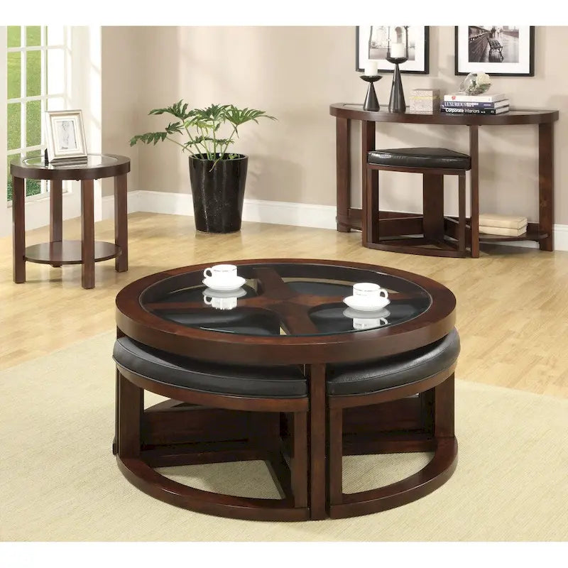Kame overgangsstijl-salontafel van walnoot, 40 inch, met glazen blad en 5-delig, met voetenbankjes, van Furniture of America
