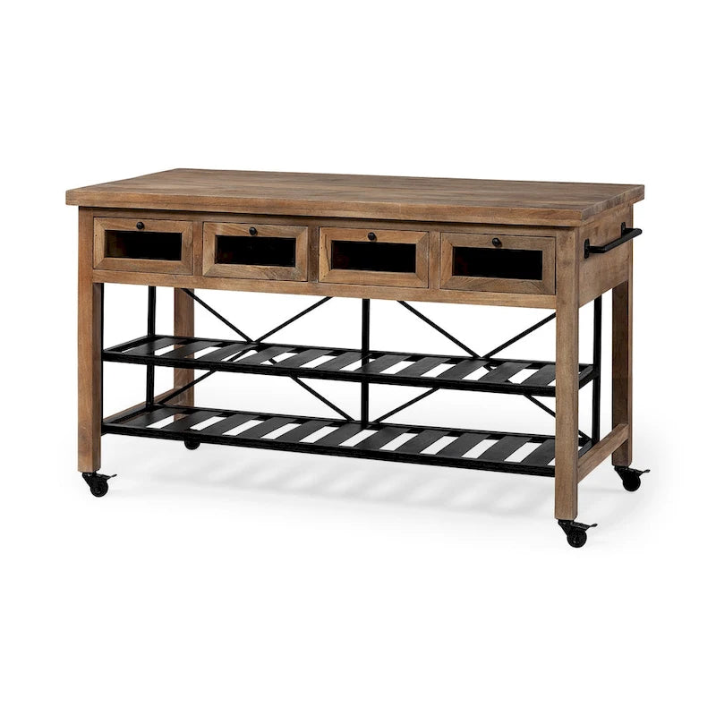 Îlot de cuisine roulant Stuart I Brown avec plateau en bois massif à deux niveaux et structure en métal noir - 28.0L x 60.0W x 34.0H