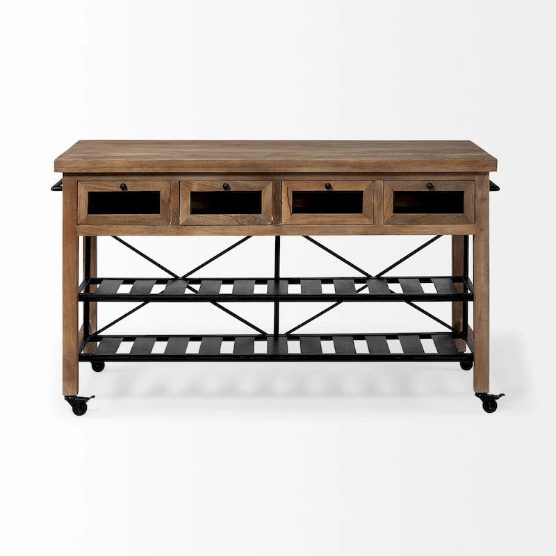 Îlot de cuisine roulant Stuart I Brown avec plateau en bois massif à deux niveaux et structure en métal noir - 28.0L x 60.0W x 34.0H