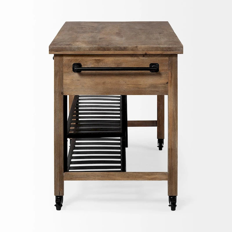 Îlot de cuisine roulant Stuart I Brown avec plateau en bois massif à deux niveaux et structure en métal noir - 28.0L x 60.0W x 34.0H