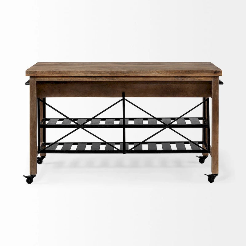 Îlot de cuisine roulant Stuart I Brown avec plateau en bois massif à deux niveaux et structure en métal noir - 28.0L x 60.0W x 34.0H