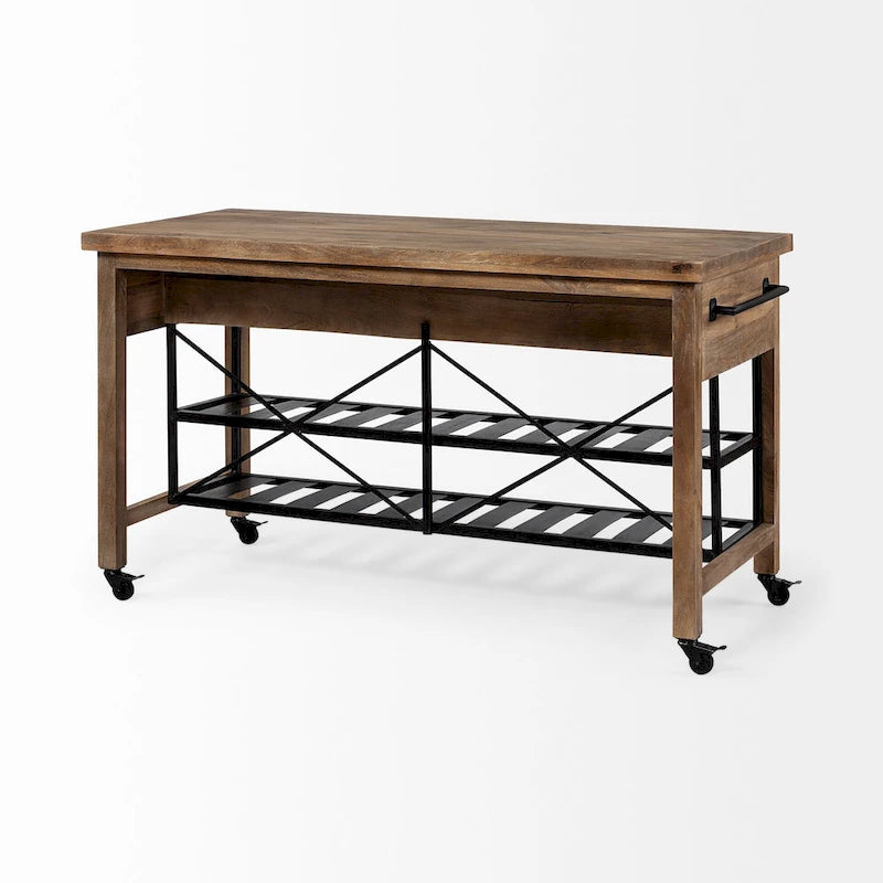 Îlot de cuisine roulant Stuart I Brown avec plateau en bois massif à deux niveaux et structure en métal noir - 28.0L x 60.0W x 34.0H