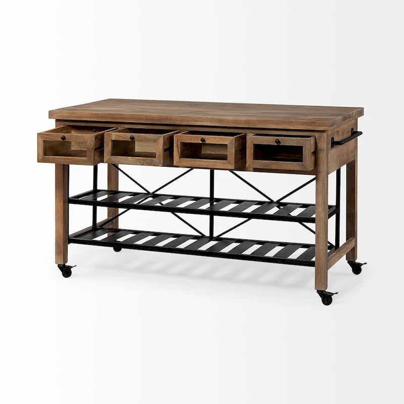 Îlot de cuisine roulant Stuart I Brown avec plateau en bois massif à deux niveaux et structure en métal noir - 28.0L x 60.0W x 34.0H