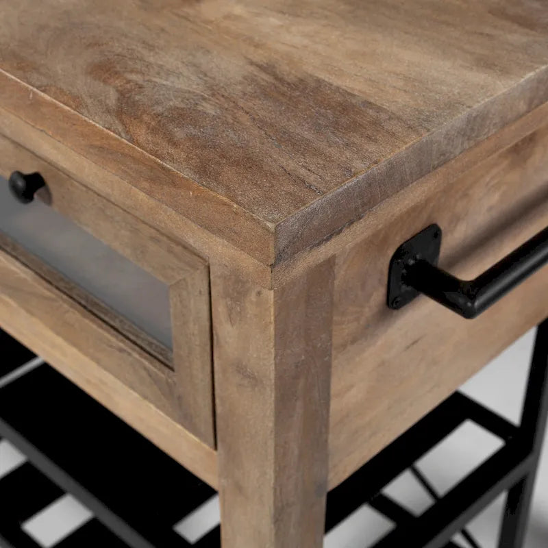 Îlot de cuisine roulant Stuart I Brown avec plateau en bois massif à deux niveaux et structure en métal noir - 28.0L x 60.0W x 34.0H