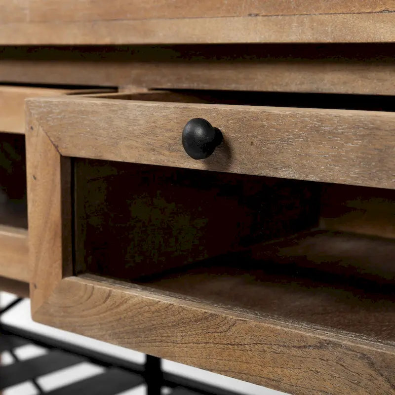 Îlot de cuisine roulant Stuart I Brown avec plateau en bois massif à deux niveaux et structure en métal noir - 28.0L x 60.0W x 34.0H