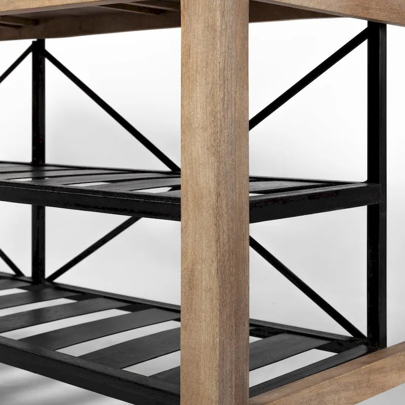 Îlot de cuisine roulant Stuart I Brown avec plateau en bois massif à deux niveaux et structure en métal noir - 28.0L x 60.0W x 34.0H