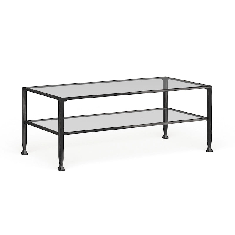 SEI Furniture Glenn zwarte rechthoekige metalen salontafel met glazen blad en onderste plank