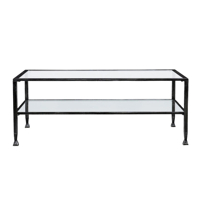 SEI Furniture Glenn zwarte rechthoekige metalen salontafel met glazen blad en onderste plank