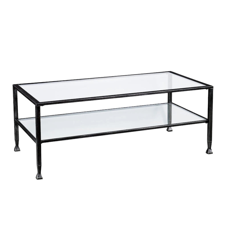 SEI Furniture Glenn zwarte rechthoekige metalen salontafel met glazen blad en onderste plank
