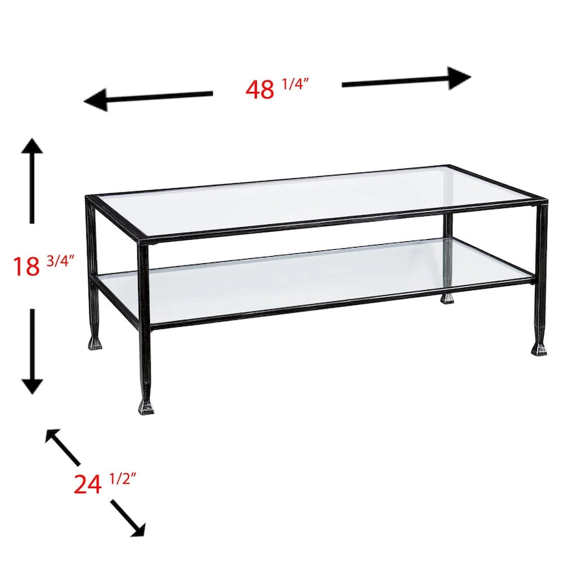 SEI Furniture Glenn zwarte rechthoekige metalen salontafel met glazen blad en onderste plank