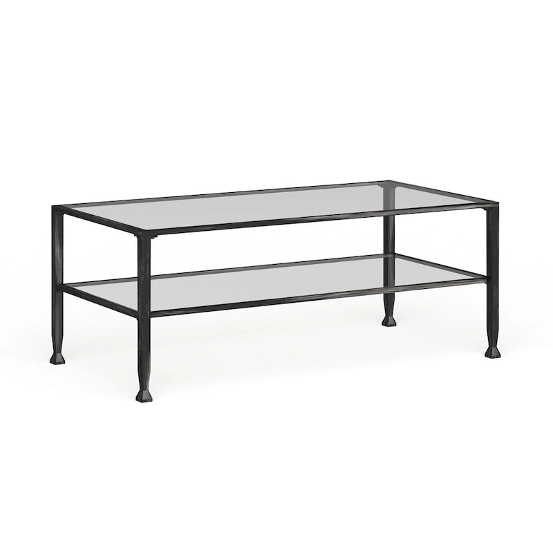 SEI Furniture Glenn zwarte rechthoekige metalen salontafel met glazen blad en onderste plank