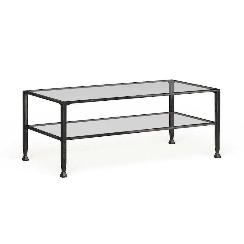 SEI Furniture Glenn zwarte rechthoekige metalen salontafel met glazen blad en onderste plank
