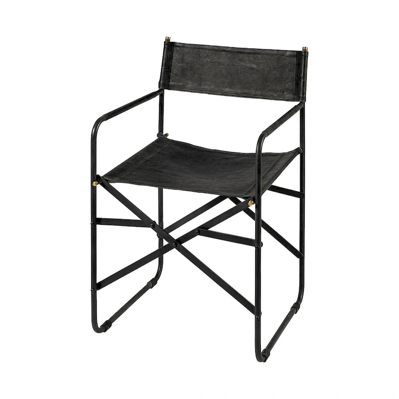 Direttore Esszimmerstuhl mit Sitzfläche aus schwarzem Echtleder und schwarzem Eisenrahmen – 19.7W x 21.7D x 33H