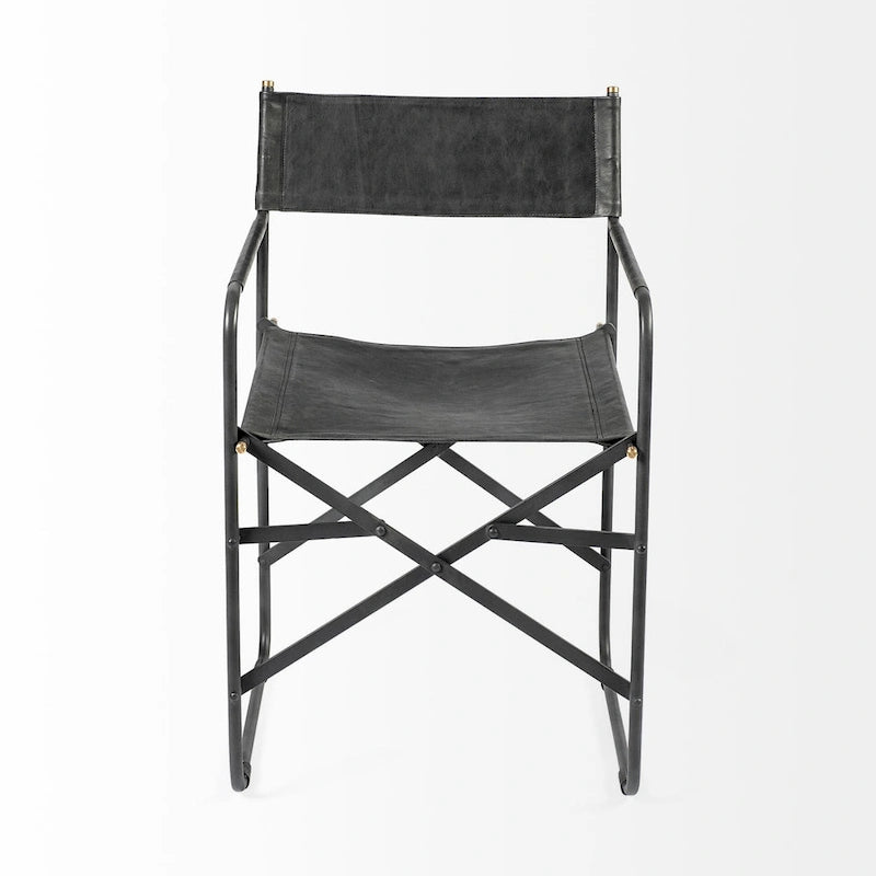 Direttore Esszimmerstuhl mit Sitzfläche aus schwarzem Echtleder und schwarzem Eisenrahmen – 19.7W x 21.7D x 33H