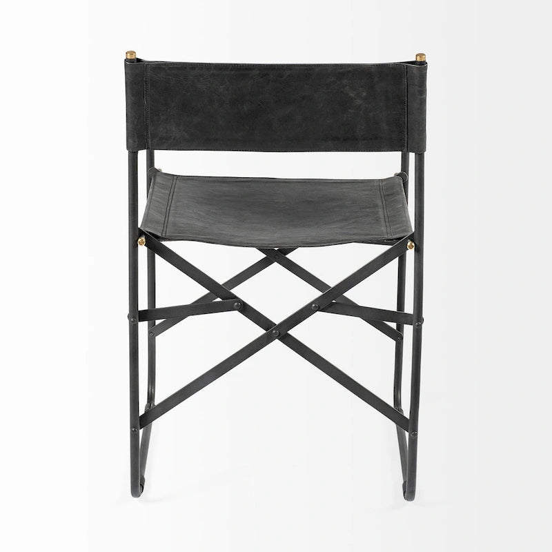 Direttore Esszimmerstuhl mit Sitzfläche aus schwarzem Echtleder und schwarzem Eisenrahmen – 19.7W x 21.7D x 33H