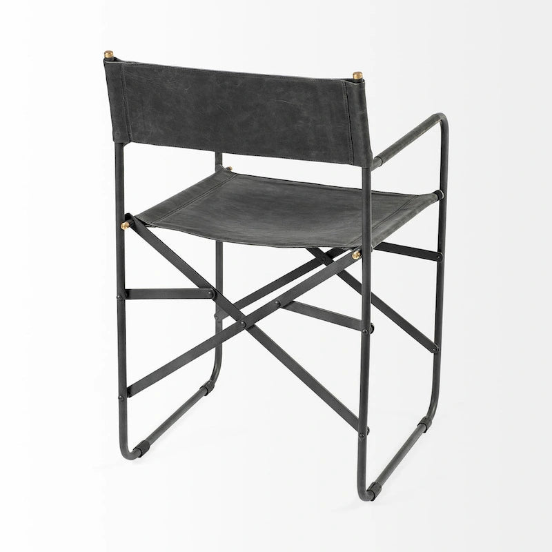 Direttore Esszimmerstuhl mit Sitzfläche aus schwarzem Echtleder und schwarzem Eisenrahmen – 19.7W x 21.7D x 33H