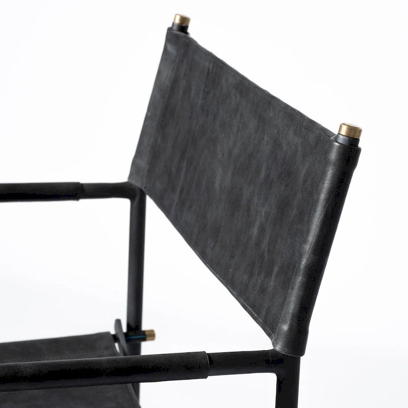 Direttore Esszimmerstuhl mit Sitzfläche aus schwarzem Echtleder und schwarzem Eisenrahmen – 19.7W x 21.7D x 33H