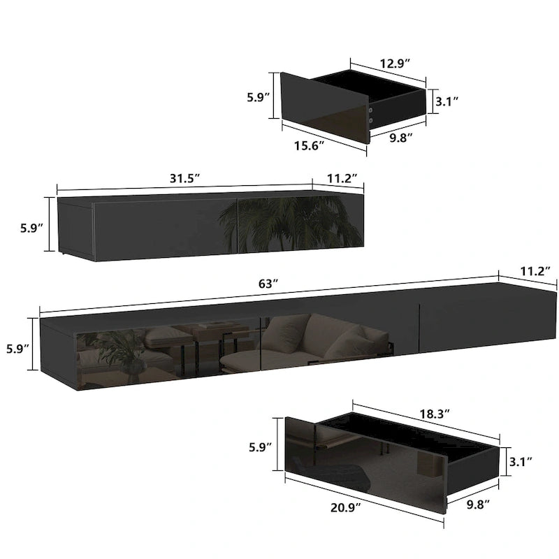 LED Floating TV Stand Entertainment Cabinet for Home and Office 2 PCS