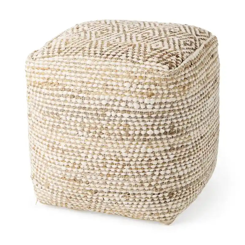 Mercana Ekani quadratischer Pouf aus cremefarbenem und beigefarbenem Baumwollstoff