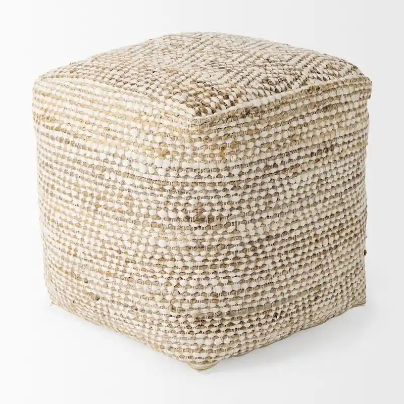 Mercana Ekani quadratischer Pouf aus cremefarbenem und beigefarbenem Baumwollstoff
