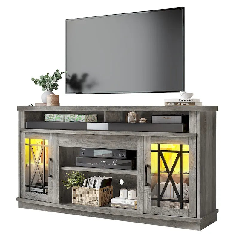 Moasis 59 Zoll hoher TV-Ständer mit 2 Türen und LED-Beleuchtung für Fernseher bis zu 70 Zoll
