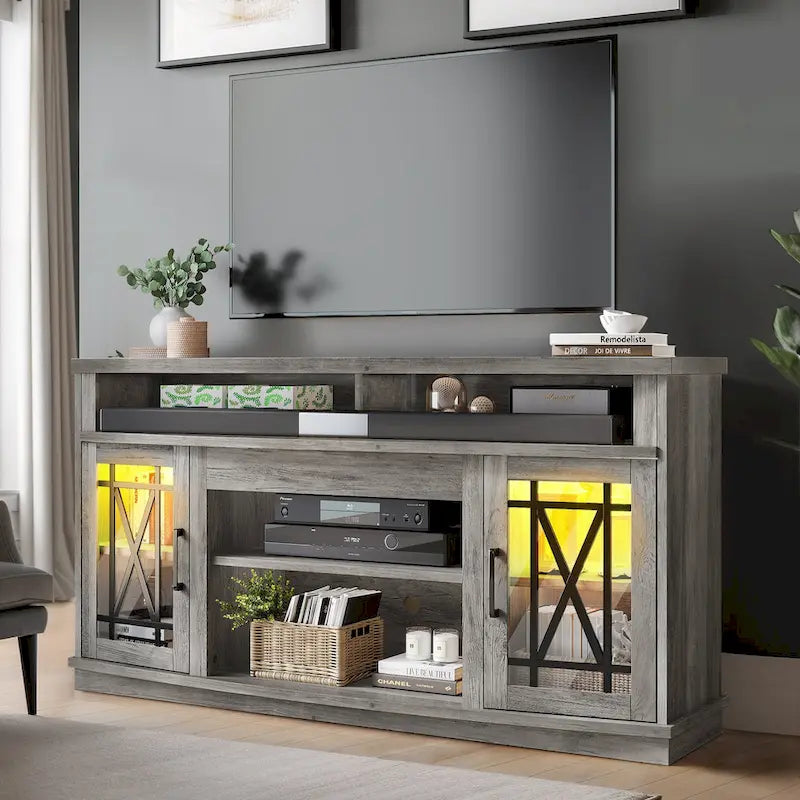 Moasis 59 Zoll hoher TV-Ständer mit 2 Türen und LED-Beleuchtung für Fernseher bis zu 70 Zoll