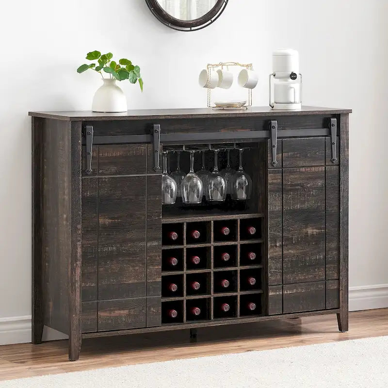 Landelijke wijnbar- en buffetkast met dressoir, wijnrek voor 16 flessen - 15.7D x 47.2W x 34.61H
