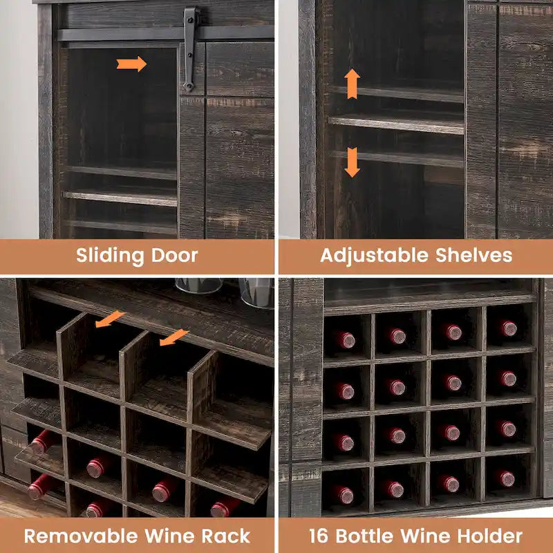 Landelijke wijnbar- en buffetkast met dressoir, wijnrek voor 16 flessen - 15.7D x 47.2W x 34.61H