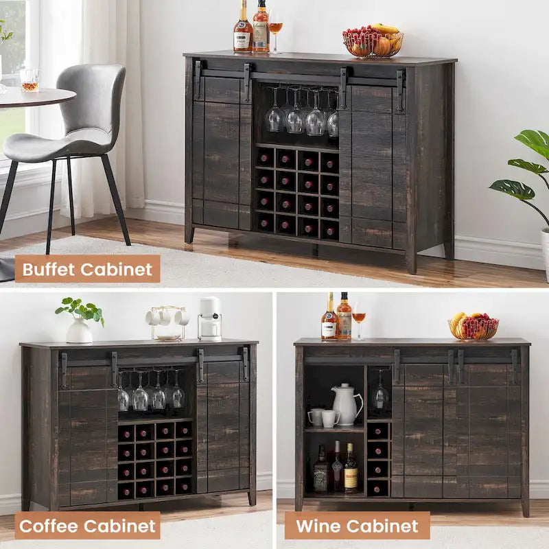 Landelijke wijnbar- en buffetkast met dressoir, wijnrek voor 16 flessen - 15.7D x 47.2W x 34.61H