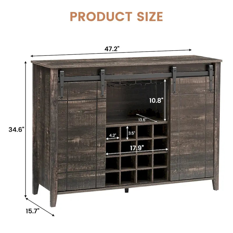 Landelijke wijnbar- en buffetkast met dressoir, wijnrek voor 16 flessen - 15.7D x 47.2W x 34.61H