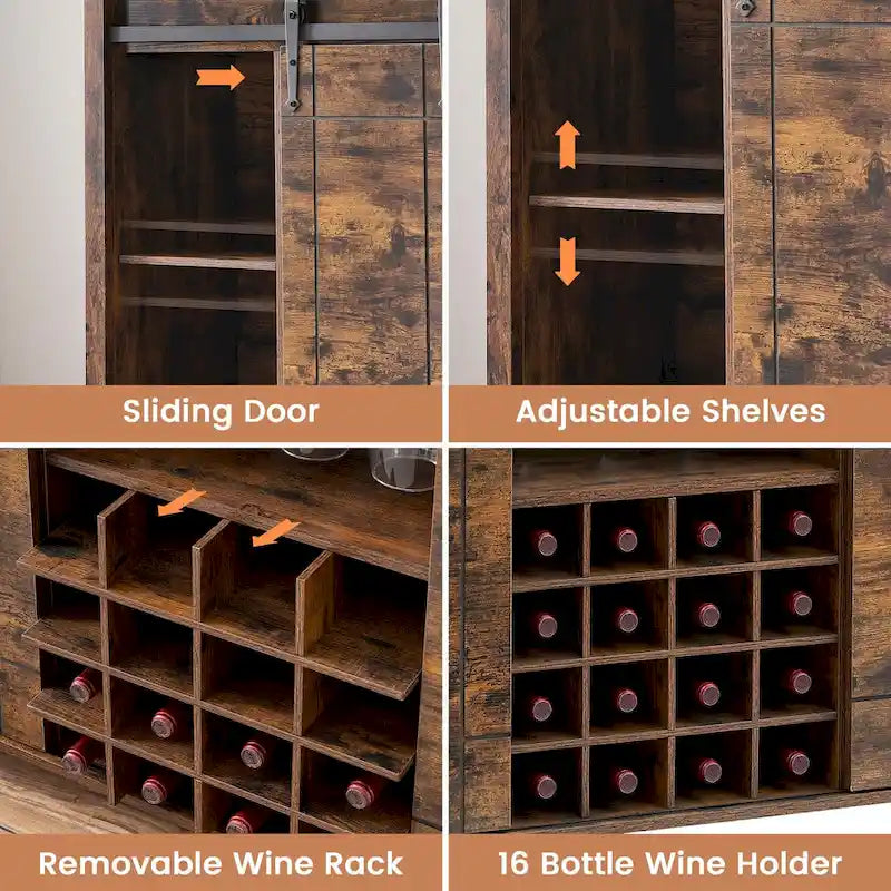 Landelijke wijnbar- en buffetkast met dressoir, wijnrek voor 16 flessen - 15.7D x 47.2W x 34.61H