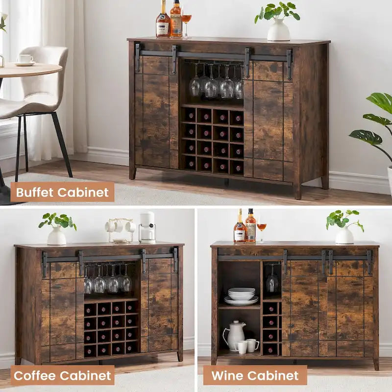 Landelijke wijnbar- en buffetkast met dressoir, wijnrek voor 16 flessen - 15.7D x 47.2W x 34.61H