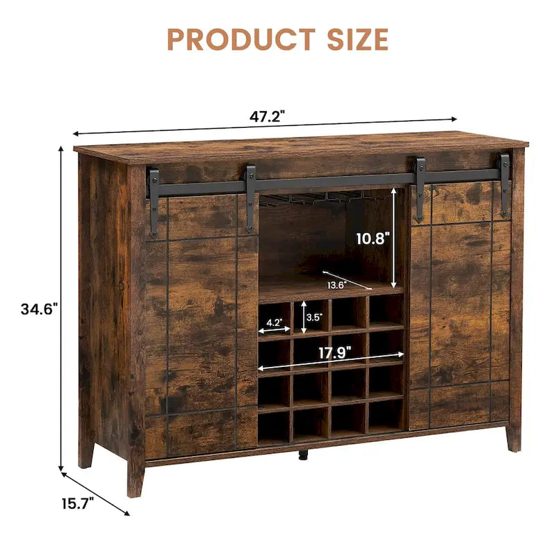 Landelijke wijnbar- en buffetkast met dressoir, wijnrek voor 16 flessen - 15.7D x 47.2W x 34.61H